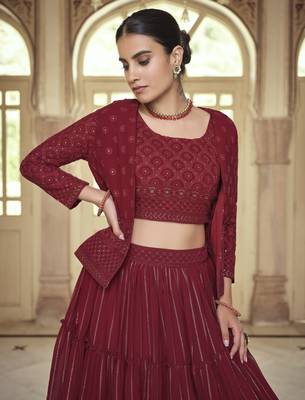 Maroon Sequins and Thread Embroidered georgette Stitched Lehenga 2