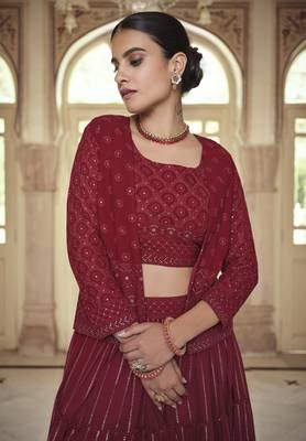Maroon Sequins and Thread Embroidered georgette Stitched Lehenga 3