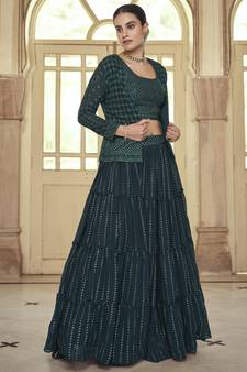 Dark green sequins, thread embroidered georgette stitched lehenga