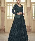 Dark green sequins, thread embroidered georgette stitched lehenga
