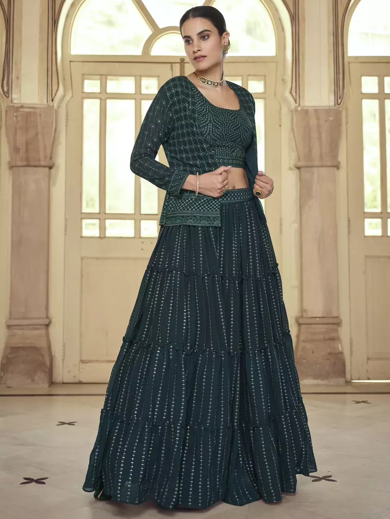 Dark green sequins, thread embroidered georgette stitched lehenga