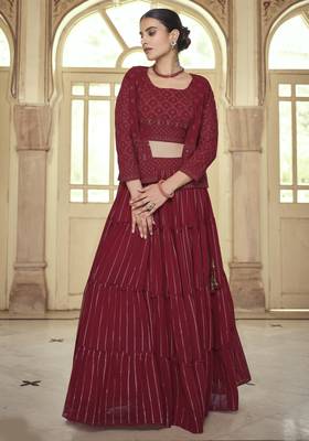 Maroon Sequins and Thread Embroidered georgette Stitched Lehenga 4