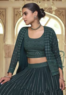 Dark green Sequins and Thread Embroidered georgette Stitched Lehenga 2