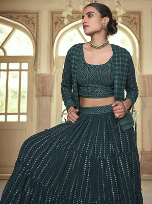 Dark green Sequins and Thread Embroidered georgette Stitched Lehenga 3