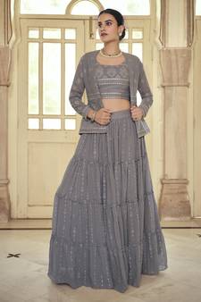 Grey hand work, gota and thread embroidered georgette stitched lehenga