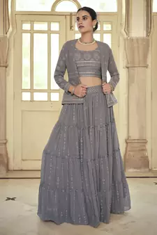 Grey hand work, gota and thread embroidered georgette stitched lehenga