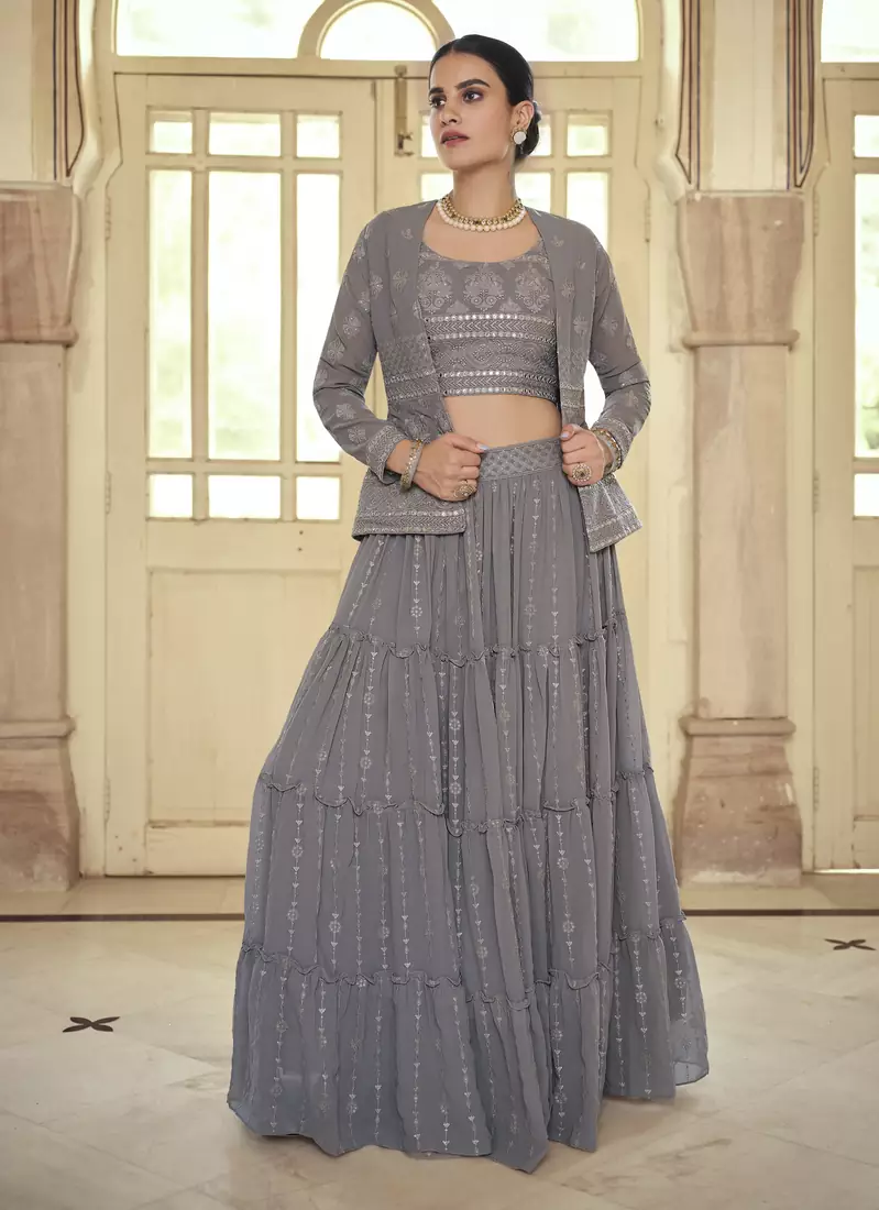 Grey hand work, gota and thread embroidered georgette stitched lehenga