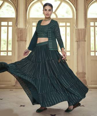 Dark green Sequins and Thread Embroidered georgette Stitched Lehenga 4