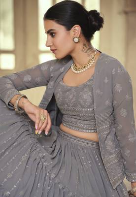 Grey hand work, gota and thread Embroidered georgette Stitched Lehenga 2