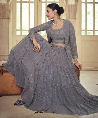 Grey hand work, gota and thread Embroidered georgette Stitched Lehenga 3