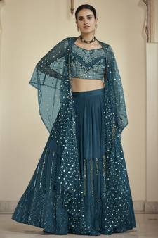 Rama green sequins and thread embroidered crepe stitched lehenga