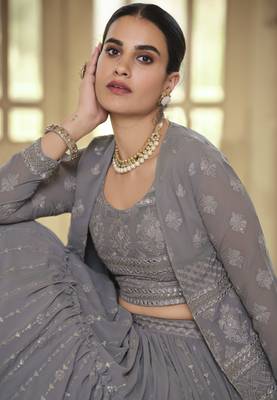 Grey hand work, gota and thread Embroidered georgette Stitched Lehenga 4