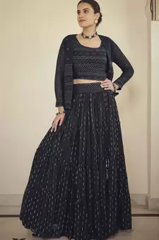 Navy blue sequins and thread embroidered georgette stitched lehenga