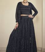 Navy blue sequins and thread embroidered georgette stitched lehenga