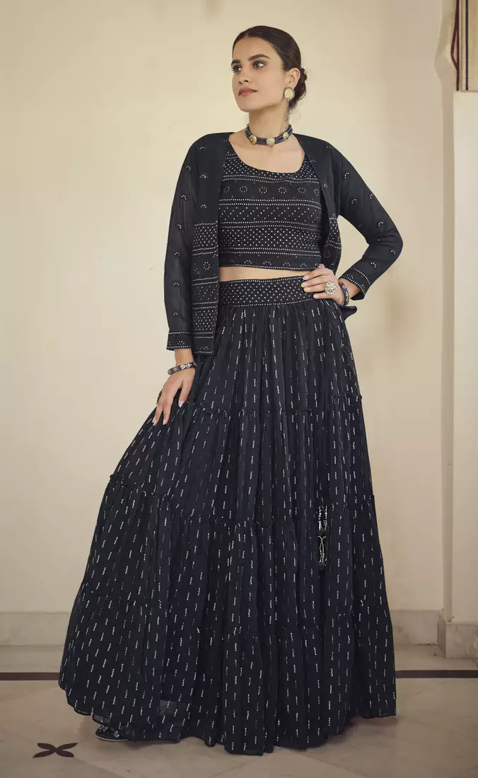 Navy blue sequins and thread embroidered georgette stitched lehenga