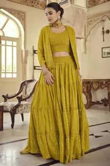 Mustard sequins and thread embroidered georgette stitched lehenga