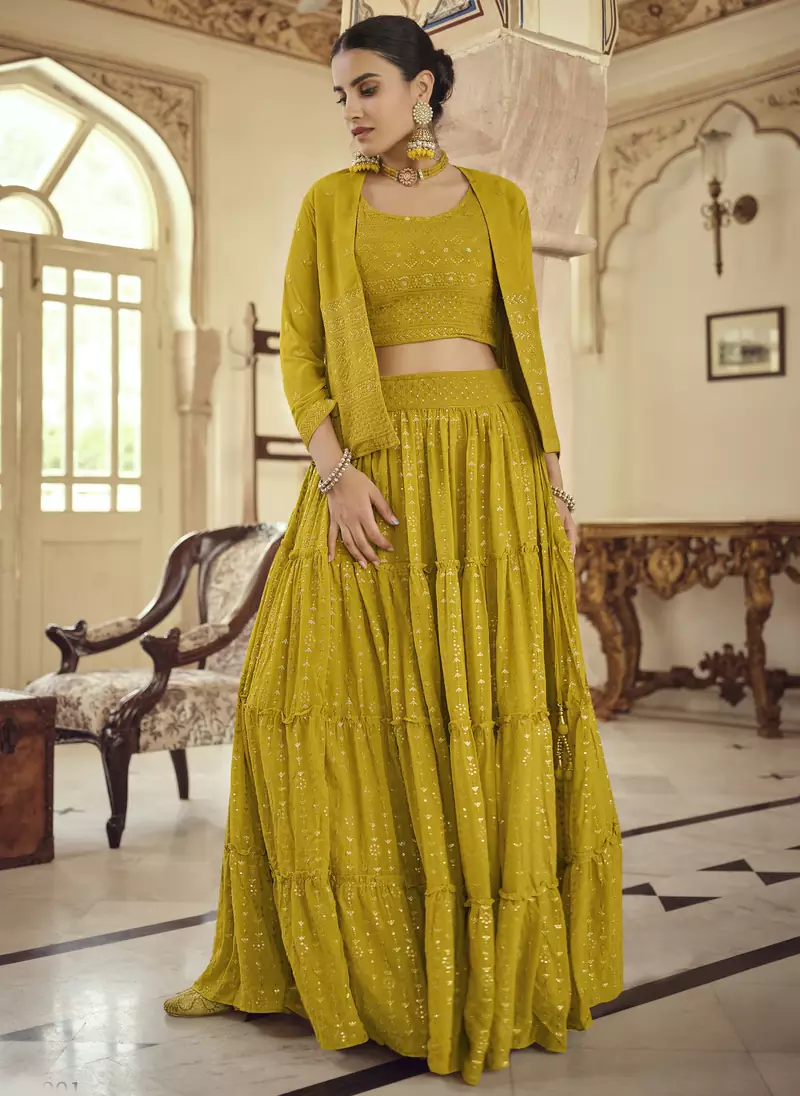 Mustard sequins and thread embroidered georgette stitched lehenga