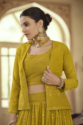 Mustard sequins and thread Embroidered georgette Stitched Lehenga 2