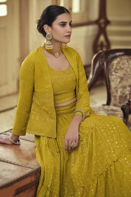 Mustard sequins and thread Embroidered georgette Stitched Lehenga 3