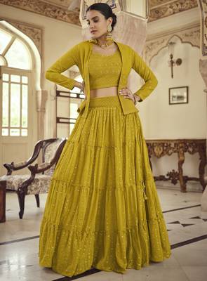 Mustard sequins and thread Embroidered georgette Stitched Lehenga 4