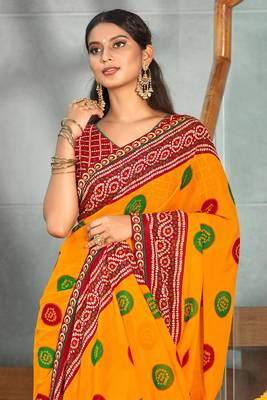 Orange printed georgette saree with blouse 2