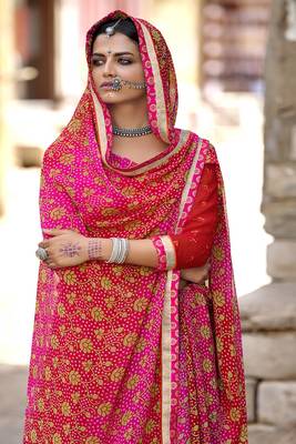 Pink printed pure georgette saree with blouse 2