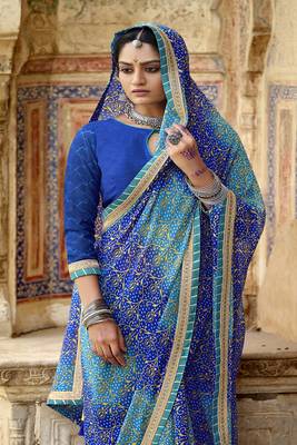 Blue printed pure georgette saree with blouse 2