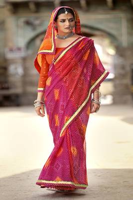Pink printed pure georgette saree with blouse 1