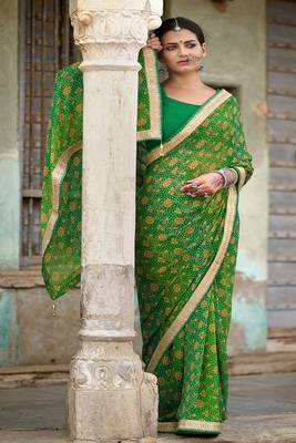 Green printed pure georgette saree with blouse 1