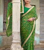 Green printed pure georgette saree with blouse