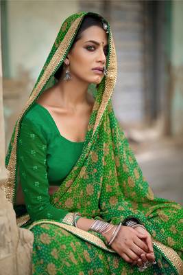 Green printed pure georgette saree with blouse 2