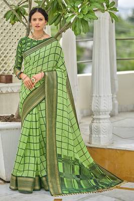 Green printed pure cotton saree with blouse 1