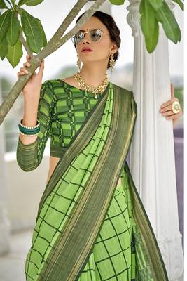 Green printed pure cotton saree with blouse 2