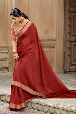 Red plain jute cotton saree with blouse 1
