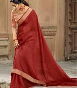 Red plain jute cotton saree with blouse