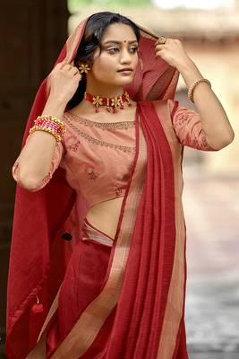 Red plain jute cotton saree with blouse 2