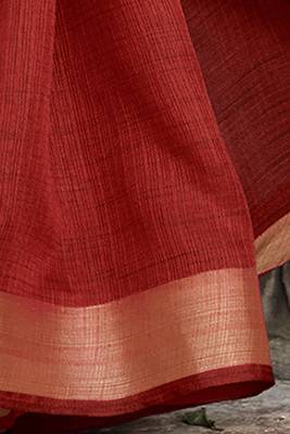 Red plain jute cotton saree with blouse 3