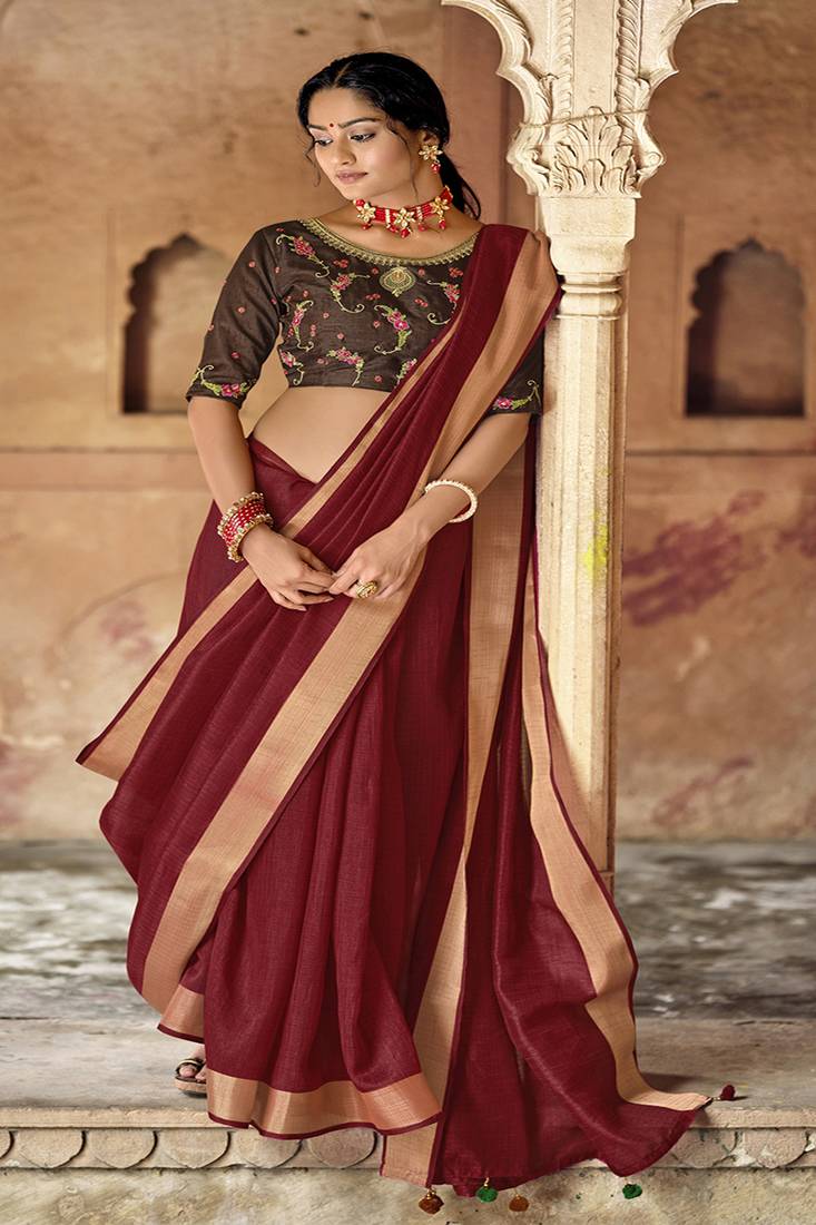 Dark red plain jute cotton saree with blouse