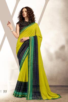 Lime printed pure chiffon saree with blouse 1
