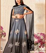 Grey thread embroidery net stitched lehenga