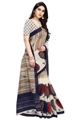 Beige printed crepe saree with blouse 1