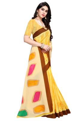 Yellow printed crepe saree with blouse 1