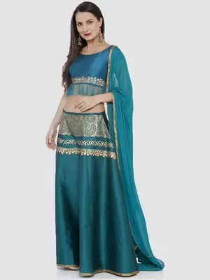 Green plain polyester stitched lehenga 1