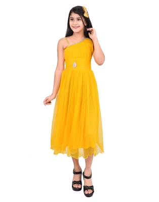Yellow plain super net kids-frocks 1