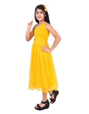 Yellow plain super net kids-frocks 2