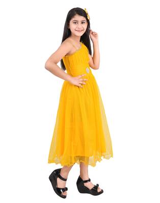 Yellow plain super net kids-frocks 3