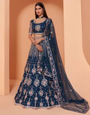 Blue embroidered net semi stitched lehenga 1