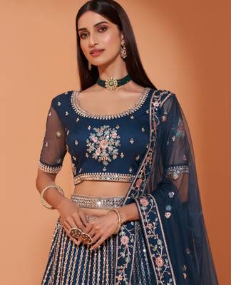 Blue embroidered net semi stitched lehenga 2