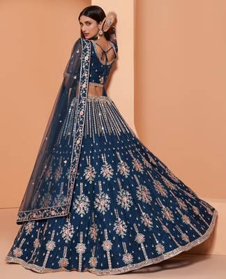 Blue embroidered net semi stitched lehenga 3