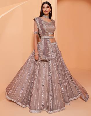 Mauve embroidered net semi stitched lehenga 1